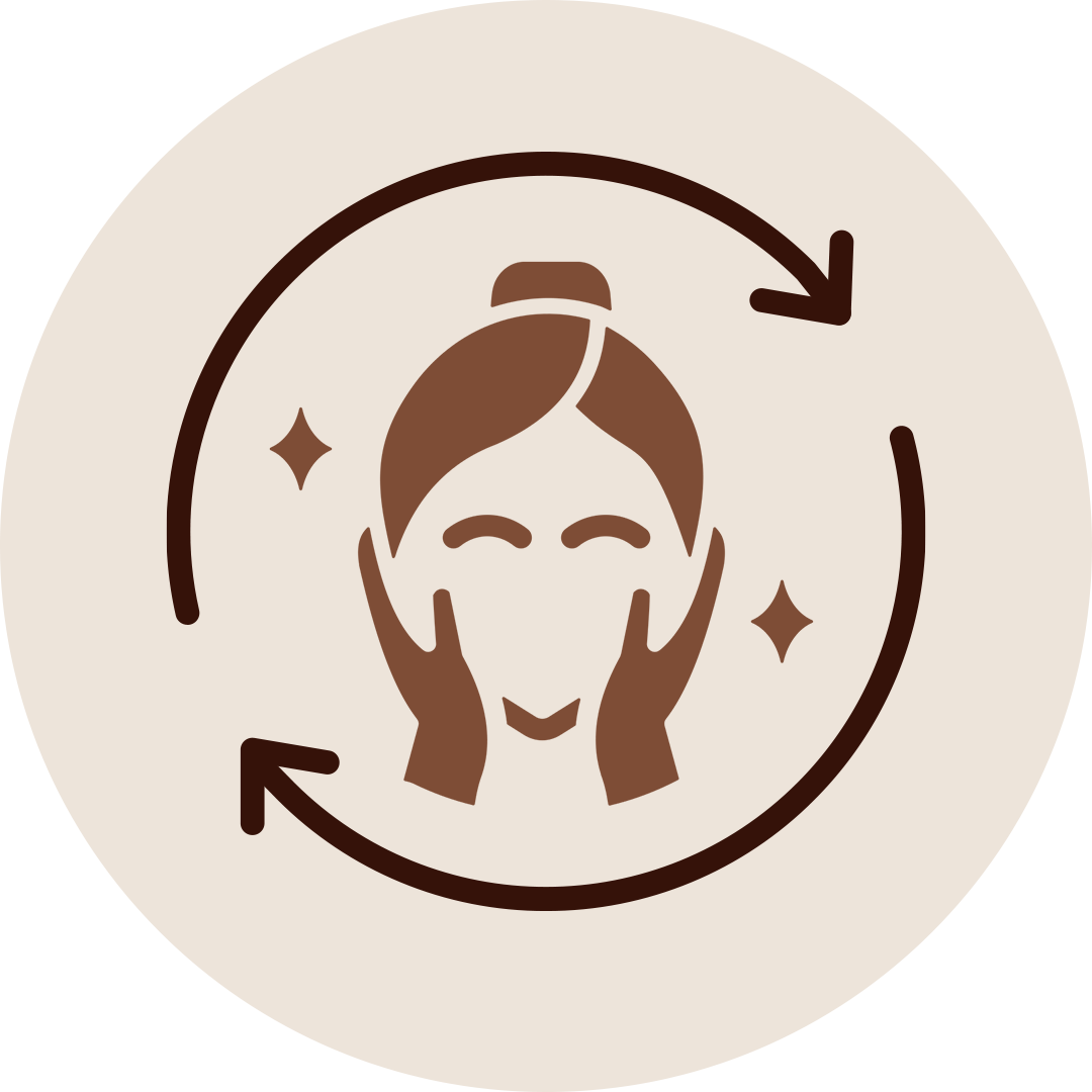 Face icon with circular arrows illustrating anti-aging, rejuvenation, and youthful vitality from Panchakarma