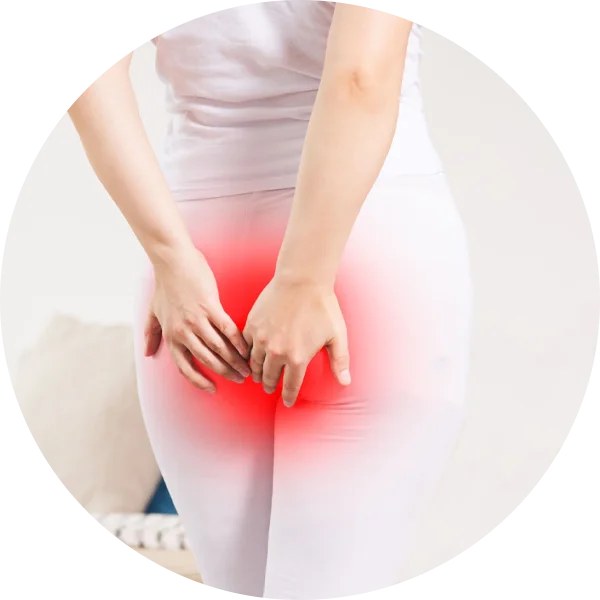 Person clutching the anal region to depict sharp or throbbing pain during bowel movements.