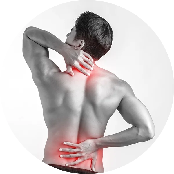 Man gripping neck and lower back illustrating sharp, colicky nerve pain.