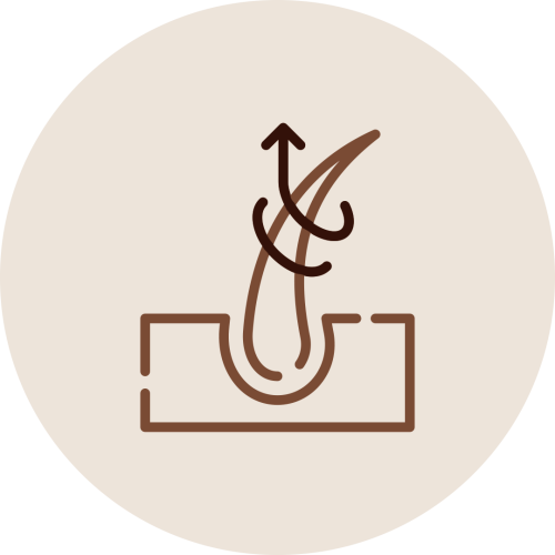 Hair strand with upward arrows icon representing Kesha Therapy enhancing hair texture for smoother, shinier strands