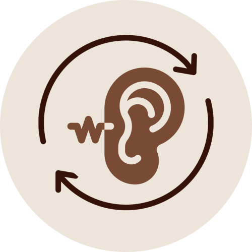 Ear with sound waves and arrows icon representing Karna Pooranam therapy enhancing hearing by clearing blockages and improving auditory clarity