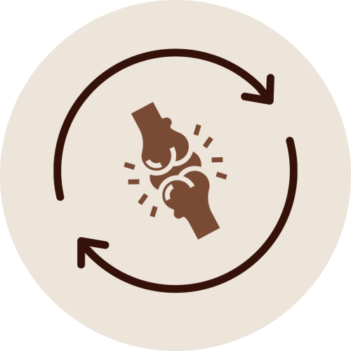 Joint icon with circular arrows representing improved mobility benefits of Janu Vasti Therapy for stiff or restricted knee movement