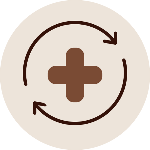 Medical cross icon with circular arrows representing Kshara Sutra Therapy promoting faster tissue healing and regeneration