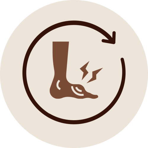 Foot and ankle icon with pain lines and circular arrow representing reduced swelling benefit of Ekhanga Abhyanga