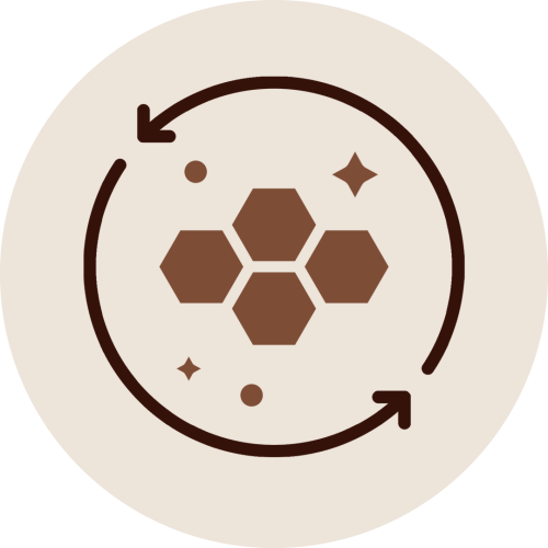 Hexagonal cells icon with circular arrows representing Shirodhara Therapy improving skin tone and texture