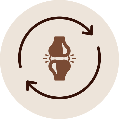 Knee joint icon with circular arrows representing joint strengthening benefits of Janu Vasti Therapy for ligament support and stability