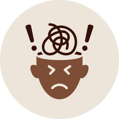 Frustrated face icon with tangled lines and exclamation marks representing Shirodhara Therapy reducing stress, anxiety, and mental fatigue