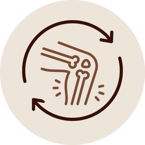 Knee joint icon surrounded by arrows indicating strengthened joints and reduced stiffness through Kukkutanda Swedam