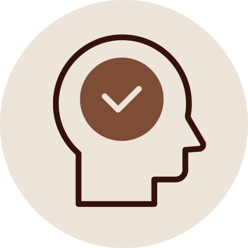 Head icon with checkmark symbolizing stress relief, headache reduction, and mental clarity benefits of Ayurveda Nasya Therapy